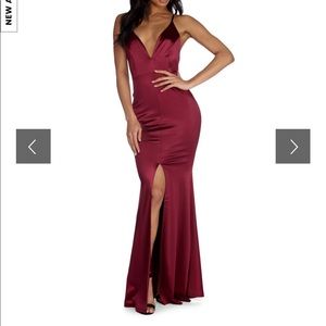 burgundy satin prom dress